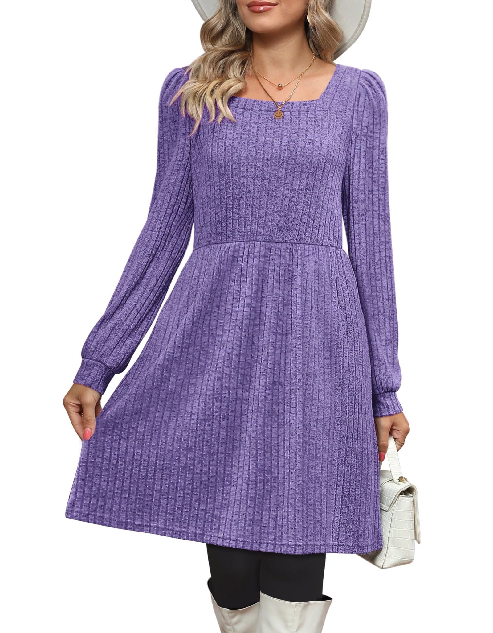 Dresses for Women Fall Square Neck Long Sleeve Knee Length Dress with Pockets