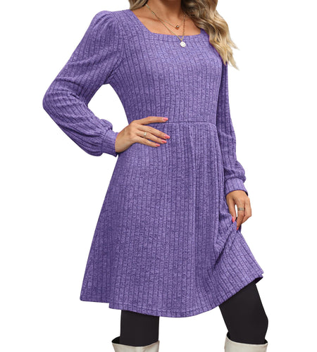 Dresses for Women Fall Square Neck Long Sleeve Knee Length Dress with Pockets