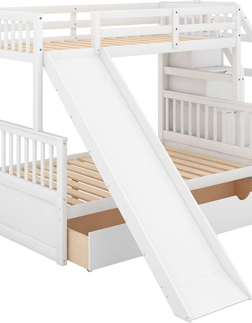 Load image into Gallery viewer, Full over Twin &amp; Twin Bunk Bed with Drawer &amp; Ladder, Triple Bunkbeds Wooden for Kids, Teens, Adults, Gray, White
