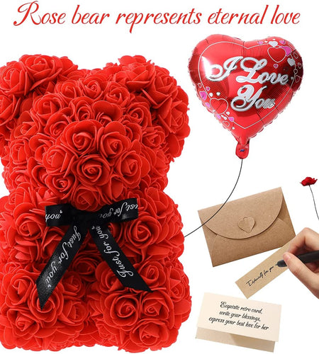 Gifts for Women - Rose Flower Bear - Rose Bear,Pure Handmade Rose Teddy Bear,Gift for Mothers Day,Valentines Day, Anniversary and Bridal Showers,W/Clear Gift Box and Greeting Card (Red)