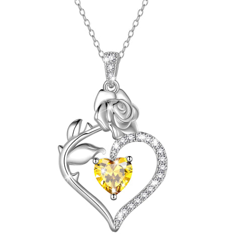 925 Sterling Silver Birthstone Necklace Rose Flower Heart Pendant Jewelry Christmas Valentines Mother'S Day Gifts for Women Mom Wife/Lover