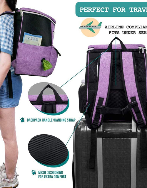 Load image into Gallery viewer, Dog Travel Bag Backpack, Airline Approved Dog Bags for Traveling, Puppy Diaper Bag Supplies, Pet Camping Essentials Hiking Accessories Dog Mom Gift, Food Container, Collapsible Bowls, Purple
