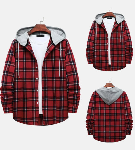 Men'S Casual Plaid Flannel Jacket with Hoodie Lightweight Fall Winter Long Sleeve Button down Plaid Flannel Hooded Shirt Red L