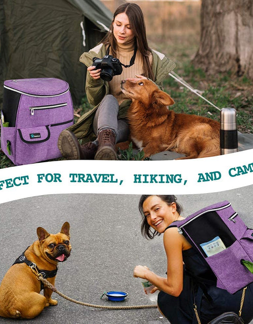 Load image into Gallery viewer, Dog Travel Bag Backpack, Airline Approved Dog Bags for Traveling, Puppy Diaper Bag Supplies, Pet Camping Essentials Hiking Accessories Dog Mom Gift, Food Container, Collapsible Bowls, Purple
