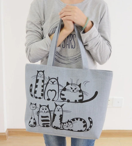 Cartoon Cats Printed Beach Zipper Bag Women Fashion Canvas Tote Shopping Handbags