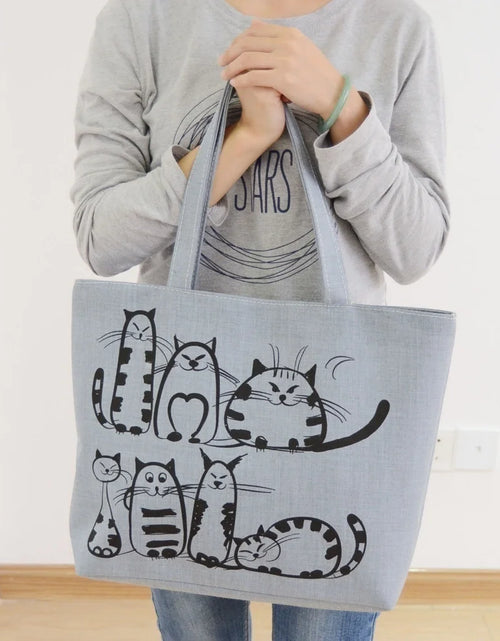 Load image into Gallery viewer, Cartoon Cats Printed Beach Zipper Bag Women Fashion Canvas Tote Shopping Handbags

