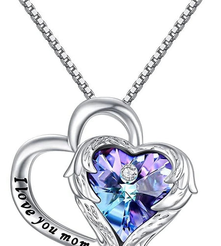 925 Sterling Silver I Love You Mom Heart Necklace with Austrian Crystals Gifts for Women Friends Mom