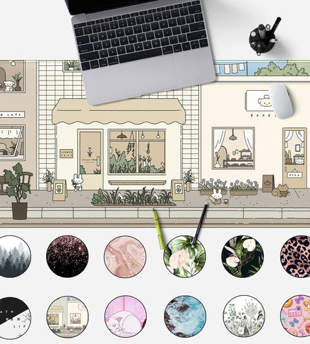 Cute Desk Mat Kawaii Mousepad Bunny and Bear Cute Anime Japanese Street Pastel Beige Brown and Green Mouse Pad, Extra Large Deskmat Cut Laptop Mouse Pads Decor