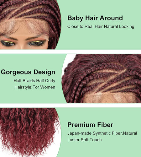 26" HD Lace Front Half Braided Wigs for Women, Burgundy, Synthetic