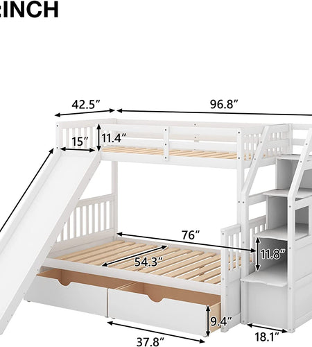 Full over Twin & Twin Bunk Bed with Drawer & Ladder, Triple Bunkbeds Wooden for Kids, Teens, Adults, Gray, White