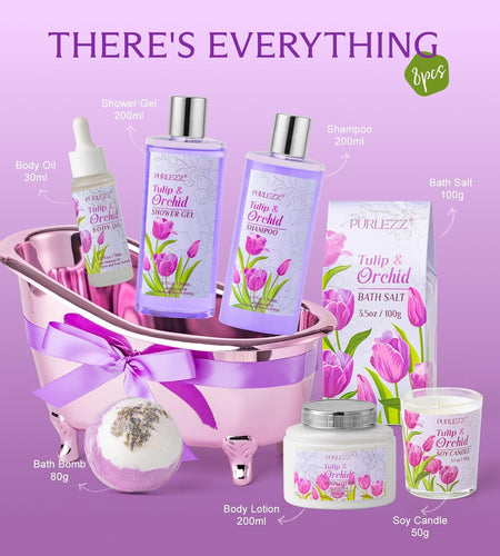 Spa Gift Basket, Mother'S Day Gift for Mom - 8 Pcs Tulip Scents Bath & Body Gift Set for Women, Spa Gift Kit, Birthday Gifts, Self Care, Pampering Gifts for Her, All Occasion Holiday Present