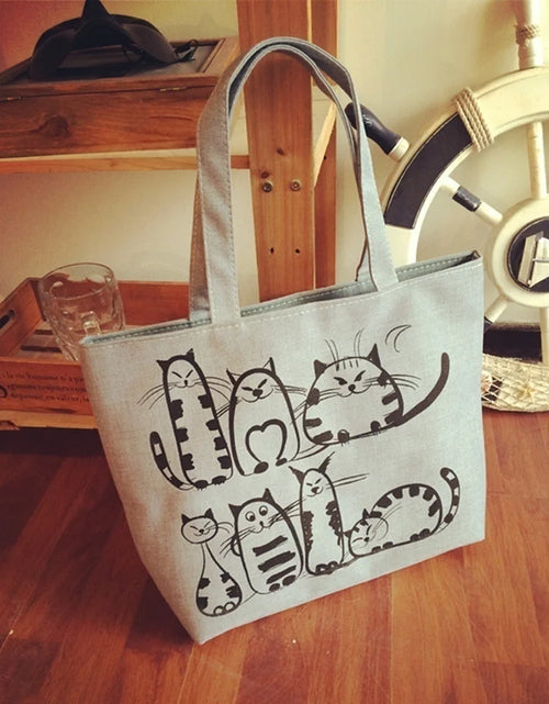 Load image into Gallery viewer, Cartoon Cats Printed Beach Zipper Bag Women Fashion Canvas Tote Shopping Handbags
