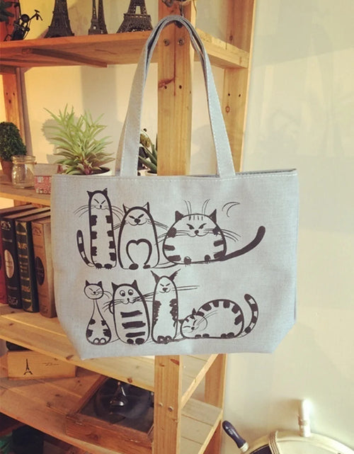 Load image into Gallery viewer, Cartoon Cats Printed Beach Zipper Bag Women Fashion Canvas Tote Shopping Handbags
