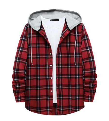Men'S Casual Plaid Flannel Jacket with Hoodie Lightweight Fall Winter Long Sleeve Button down Plaid Flannel Hooded Shirt Red L