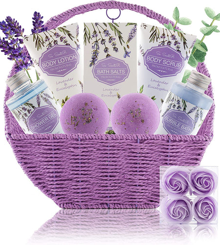 Spa Gift Baskets for Women - Holiday Christmas Gifts for Mom - Relaxing at Home Spa Kit in Lavender Eucalyptus - 12 Pc Home Bath Set Body Lotion Bubble Bath Bombs Bath Salts Shower Gel