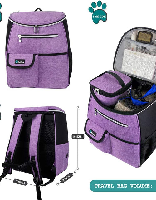 Load image into Gallery viewer, Dog Travel Bag Backpack, Airline Approved Dog Bags for Traveling, Puppy Diaper Bag Supplies, Pet Camping Essentials Hiking Accessories Dog Mom Gift, Food Container, Collapsible Bowls, Purple

