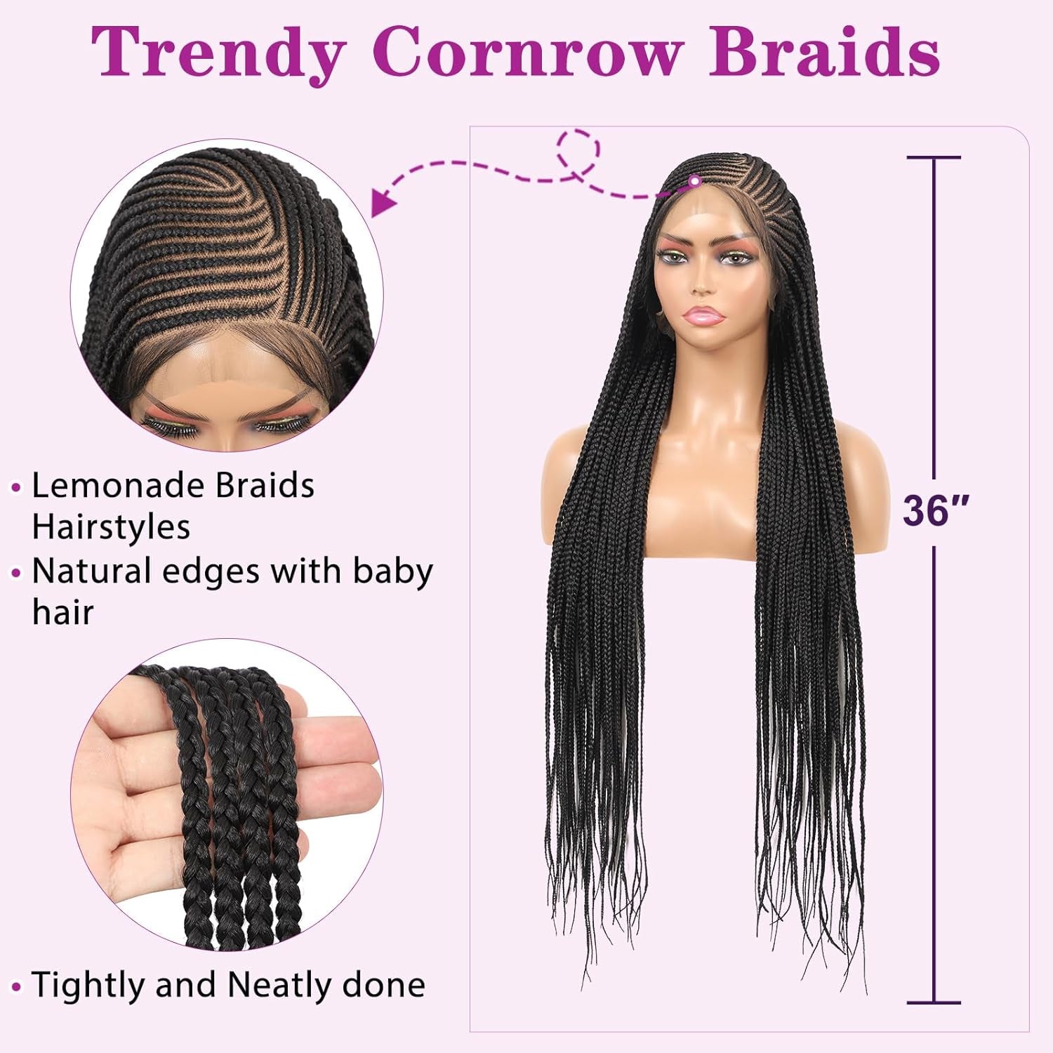 13X8 HD Lace Front Cornrow Braided Wigs Leomonde Box Braid Wig with Baby Hair 36 Inch Long Black Braided Hair Wig for Women