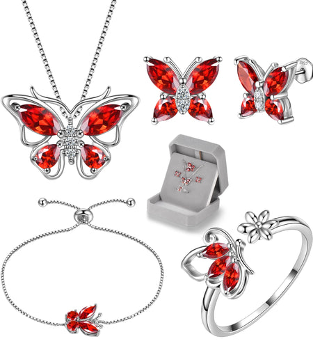 January Birthstone Jewelry Set Red Butterfly Garnet Fine Necklace/Earrings/Ring/Bracelet Sterling Silver Women Xmas Birthday Mother'S Day Gifts