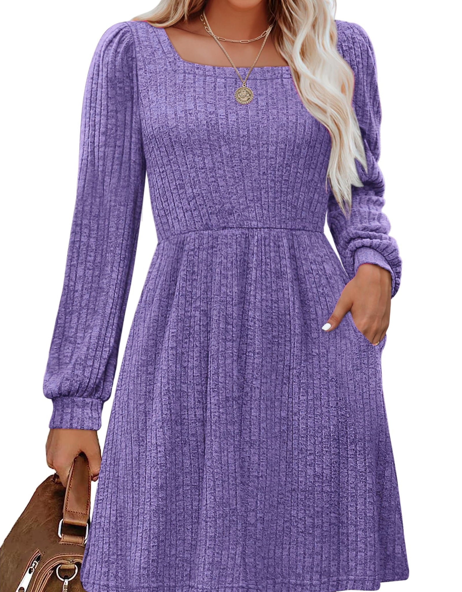 Dresses for Women Fall Square Neck Long Sleeve Knee Length Dress with Pockets