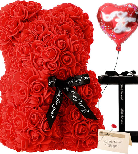 Gifts for Women - Rose Flower Bear - Rose Bear,Pure Handmade Rose Teddy Bear,Gift for Mothers Day,Valentines Day, Anniversary and Bridal Showers,W/Clear Gift Box and Greeting Card (Red)