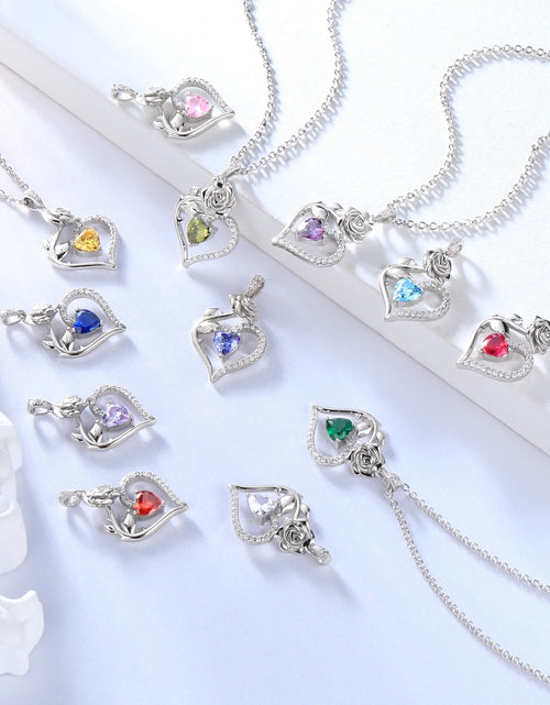 Load image into Gallery viewer, 925 Sterling Silver Birthstone Necklace Rose Flower Heart Pendant Jewelry Christmas Valentines Mother'S Day Gifts for Women Mom Wife/Lover
