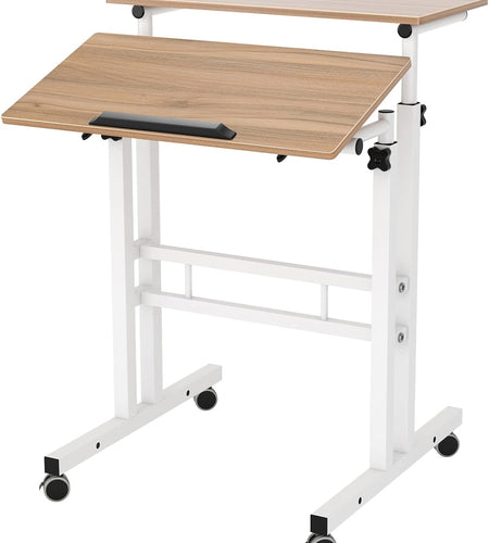 Mobile Standing Desk Stand up Desk Rolling Desk, Stand Sit Desk Mobile Computer Desk Adjustable Standing Desk 23.6Inches Table Workstation Mobile Desk Cart Tray Oak