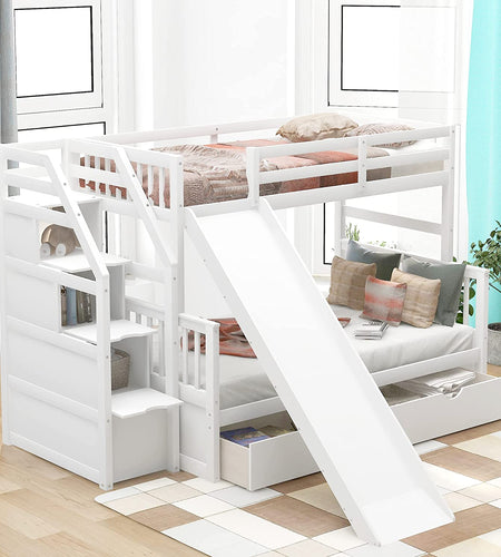 Full over Twin & Twin Bunk Bed with Drawer & Ladder, Triple Bunkbeds Wooden for Kids, Teens, Adults, Gray, White