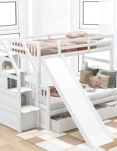 Load image into Gallery viewer, Full over Twin &amp; Twin Bunk Bed with Drawer &amp; Ladder, Triple Bunkbeds Wooden for Kids, Teens, Adults, Gray, White
