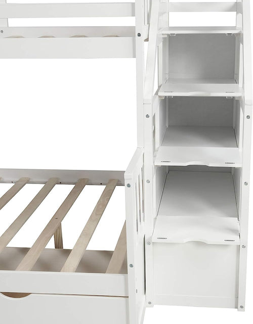 Load image into Gallery viewer, Full over Twin &amp; Twin Bunk Bed with Drawer &amp; Ladder, Triple Bunkbeds Wooden for Kids, Teens, Adults, Gray, White
