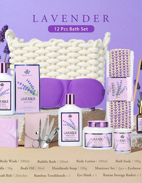 Load image into Gallery viewer, Bath &amp; Body Kit, Spa Gifts for Women - 20Pcs Spa Gift Baskets Lavender Scented Includes Body Wash, Bubble Bath, Bath Bomb, Manicure Set. Gifts for Mom, Birthday Gifts, Home Spa Kit Gift for Her
