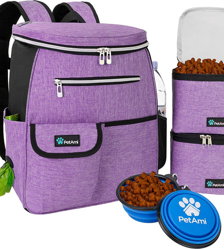 Dog Travel Bag Backpack, Airline Approved Dog Bags for Traveling, Puppy Diaper Bag Supplies, Pet Camping Essentials Hiking Accessories Dog Mom Gift, Food Container, Collapsible Bowls, Purple
