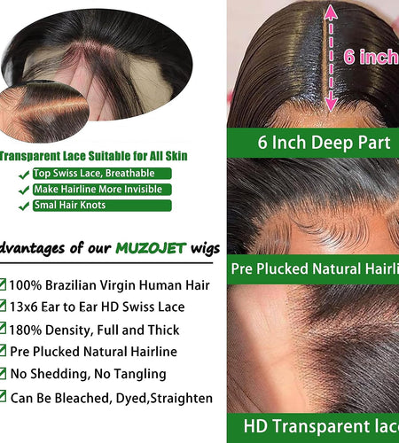 Human Hair Wigs for Black Women HD Body Wave Lace Front Wigs Human Hair Glueless Wigs Human Hair Pre Plucked 10A 13X6 Lace Front Wigs Human Hair Pre Plucked 180 Density Wig 34 Inch