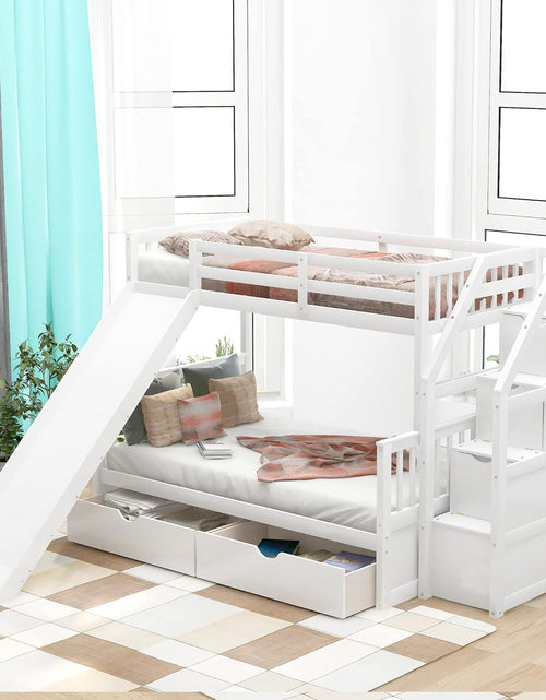 Load image into Gallery viewer, Full over Twin &amp; Twin Bunk Bed with Drawer &amp; Ladder, Triple Bunkbeds Wooden for Kids, Teens, Adults, Gray, White
