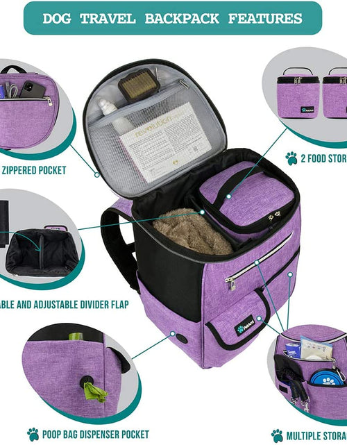 Load image into Gallery viewer, Dog Travel Bag Backpack, Airline Approved Dog Bags for Traveling, Puppy Diaper Bag Supplies, Pet Camping Essentials Hiking Accessories Dog Mom Gift, Food Container, Collapsible Bowls, Purple
