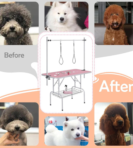 46'' Pet Grooming Table for Large Dogs Adjustable Height - Portable Trimming Table Drying Table W/Arm/Noose/Mesh Tray Maximum Capacity up to 265Lb -Pink