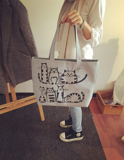 Load image into Gallery viewer, Cartoon Cats Printed Beach Zipper Bag Women Fashion Canvas Tote Shopping Handbags
