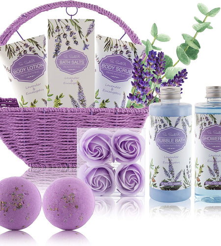 Spa Gift Baskets for Women - Holiday Christmas Gifts for Mom - Relaxing at Home Spa Kit in Lavender Eucalyptus - 12 Pc Home Bath Set Body Lotion Bubble Bath Bombs Bath Salts Shower Gel