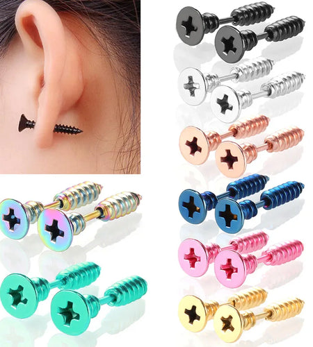 1Pair Punk Fashion Gold Black Colorful Stainless Steel Nail Screw Stud Earring for Women Men Helix Ear Body Piercing Jewelry
